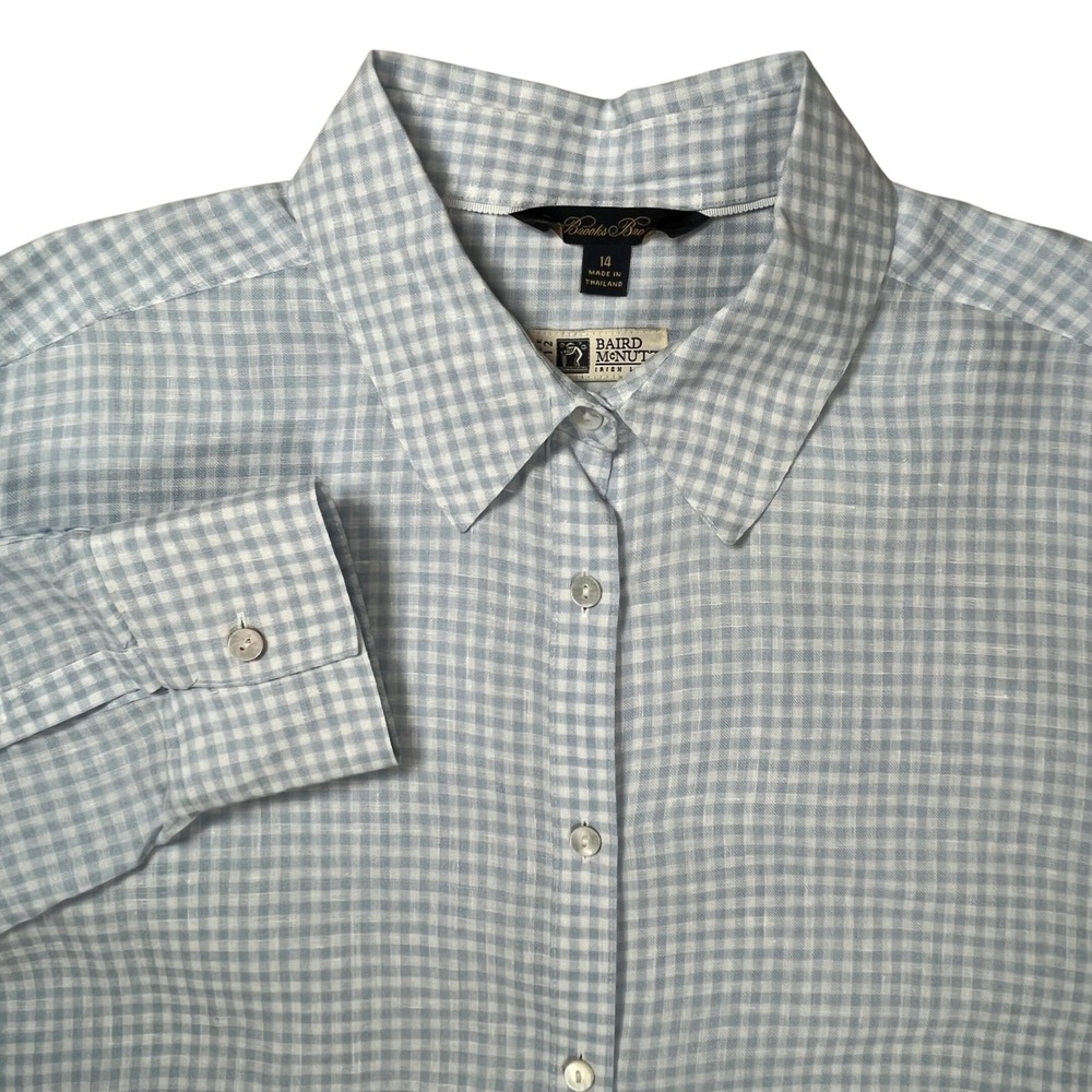 Brooks Brothers Button Up Shirt Women 14 Blue Gingham Baird McNutt Irish Linen